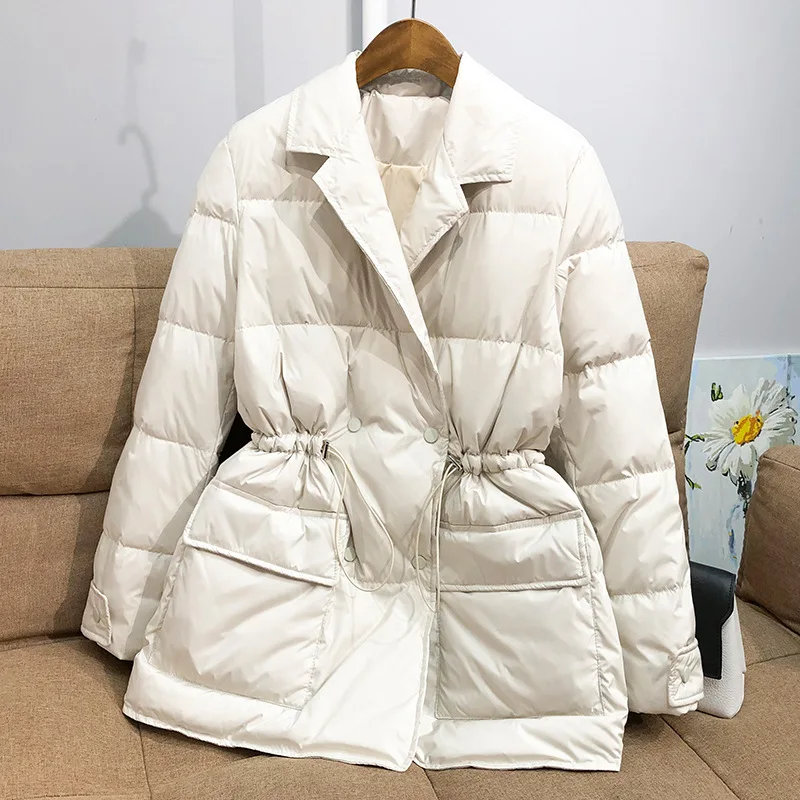 Ultra Light White Duck Down Jacket Parka Autumn Winter Women Suit drawstring adjustable waist Warm Down Coat Female Outwears