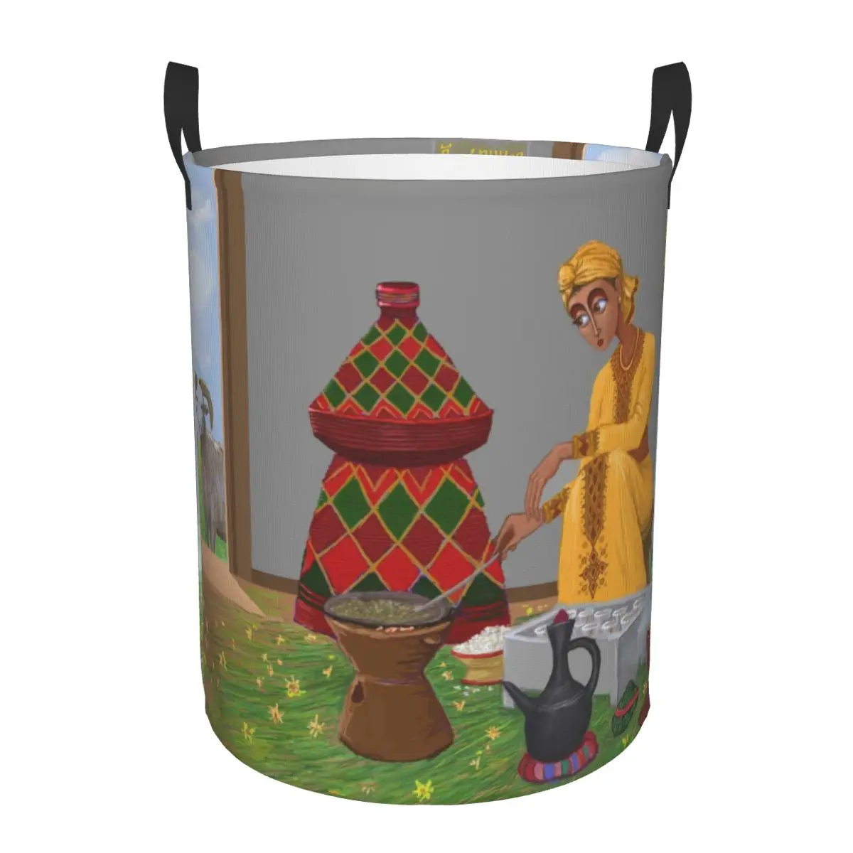 Customized Ethiopian New Year Laundry Basket Foldable Habesha Art Toy Clothes Hamper Storage Bin for Kids Nursery