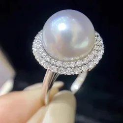 Double Layer Zircon Sunflower 13-14mm Freshwater Round Natural Pearl White Ring High-end Atmospheric Jewelry Gifts for Women