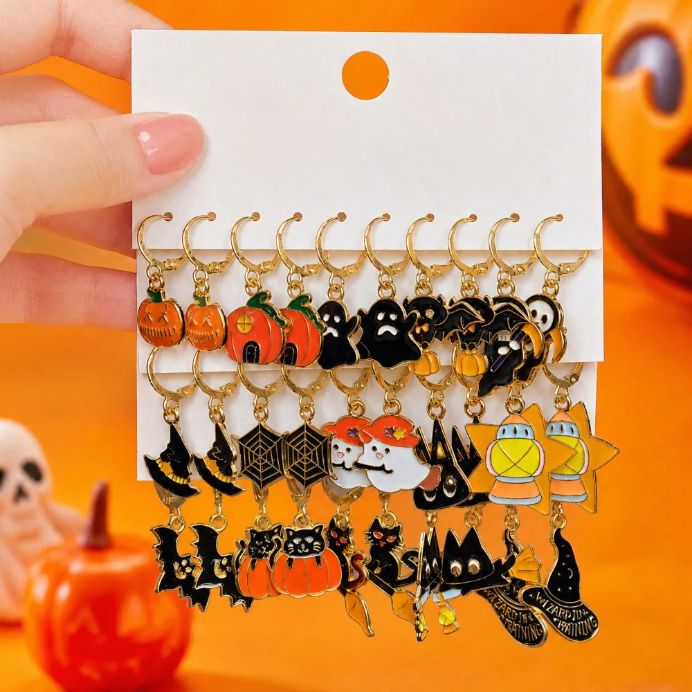 5/15Pairs Halloween Dangle Earrings Set Pumpkin Ghost Witch Bat Spider Enamel Drop Earrings for Women Party Costume Gifts