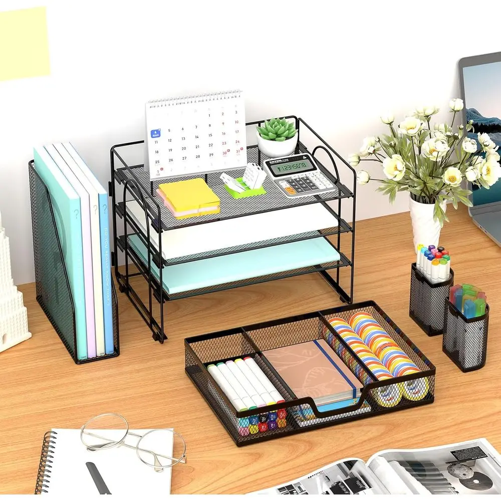 Desk Organizer and Accessories，4-Tier Paper Letter Tray Organizer with File Holder, Desk Accessories & Workspace Organizers with