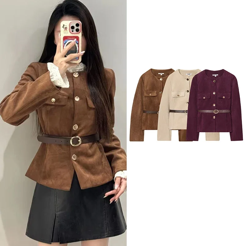 

Women Suede Texture Effect Suit jacket Short Autumn Fashion Simple Casual Belt Coat Single Breasted Long Sleeve Female Tops