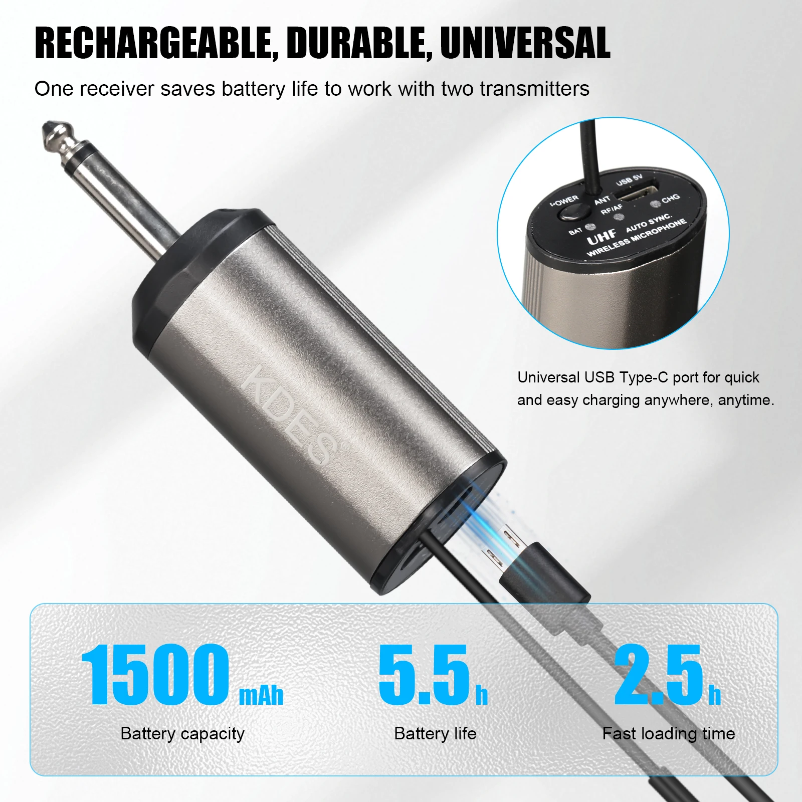 KDES Sistema con micrófono inalámbrico dual Auriculares con micrófono/Micrófono de pie/Micrófono de solapa Lavalier con transmisor y receptor de petaca recargable