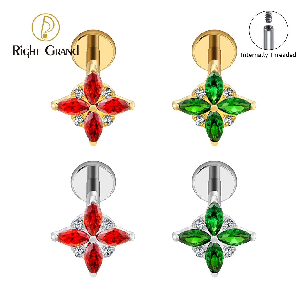 Right Grand Piercing de orelha em titânio ASTM F136 com formato de flor marquise, calibre 16G, com quatro pétalas e zircônia cúbica, ideal para hélice, tragus ou concha.