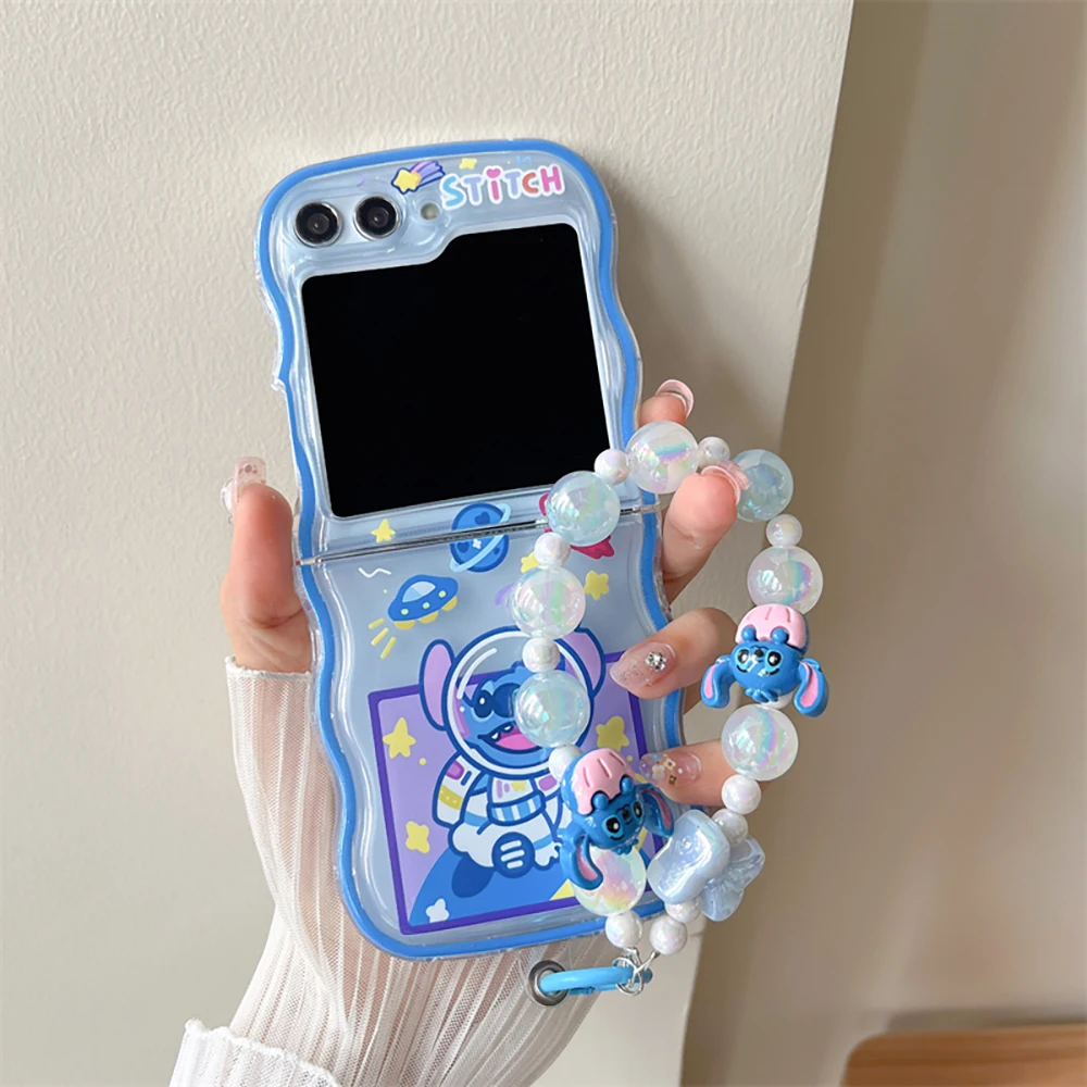 Cartoon Cute Disneies Stitch with Lanyard Phone Case for Samsung Galaxy Z Flip 3 4 Z Flip 5 6 5G PC Hard Anti-drop Wave Cover