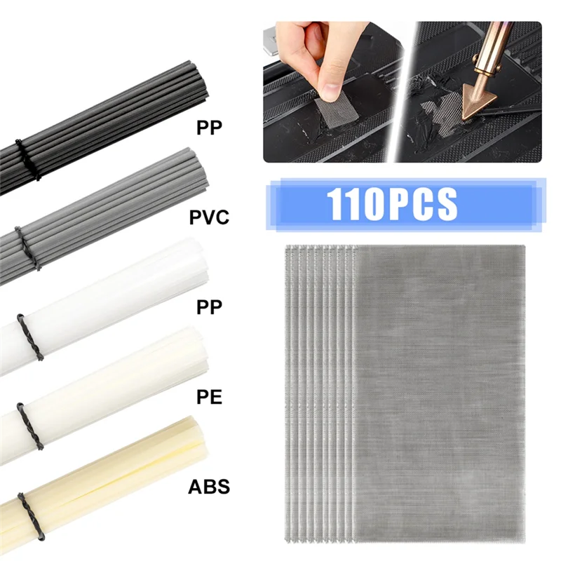 

AB15-110Pcs Plastic Welding Kit,ABS PP PVC PE Plastic Welding Rods,Stainless Steel Welding Repair Mesh,Car Bumper Repair Tool