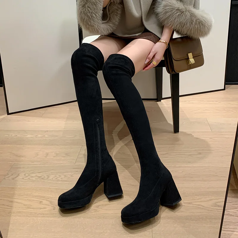 

Arden Furtado 2024 Autumn Elastic suede Skinny boots Square-head Side zipper Chunky heels Over the knee boots large size boots