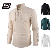 Camiseta informal de lino y algodón para hombre, Tops con diseño de cordón y cuello Henley, disfraz Medieval, camisetas elegantes Vintage para fiesta de Halloween