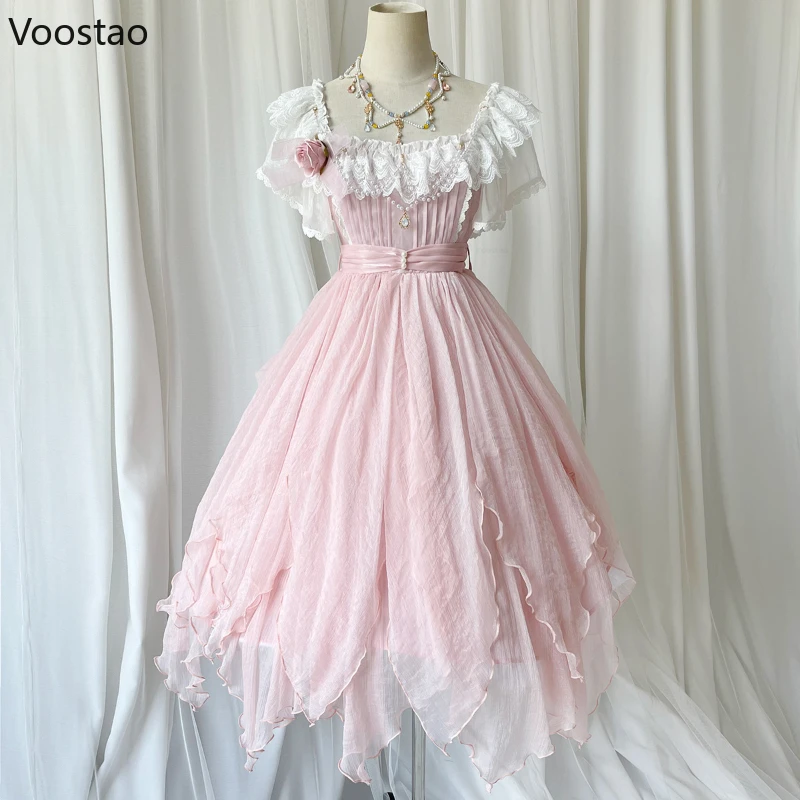 Robe de princesse japonaise Lolita OP pour femme, robe élégante en dentelle rose douce, robes de soirée JOPink, robe dégradée pour fille victorienne, Kawaii