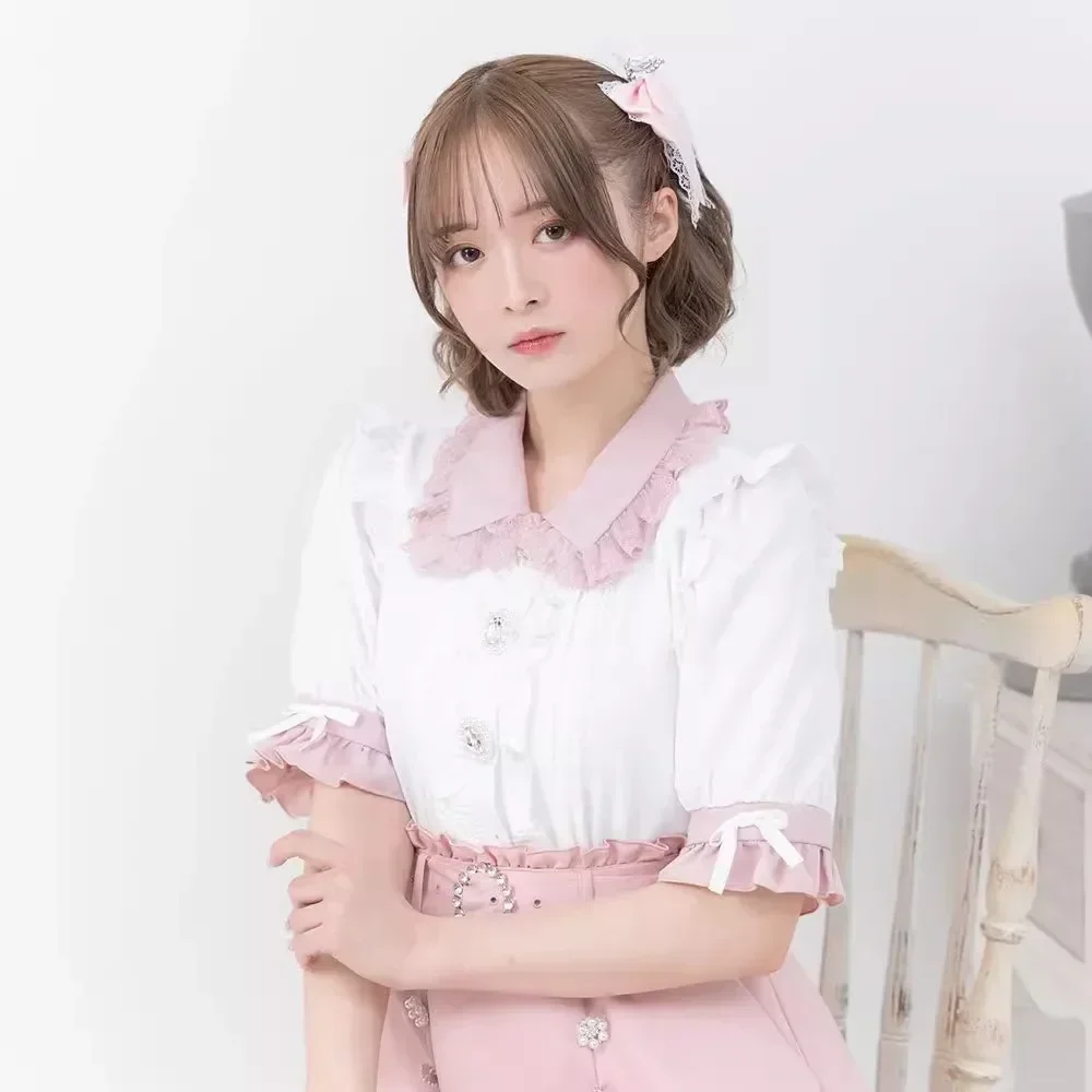 Japanese Style Sweet Cute Short Sleeve Shirt Girls Lace Doll Collar Puff Sleeve Casual Blouse All-Matching Women's Tops Summer