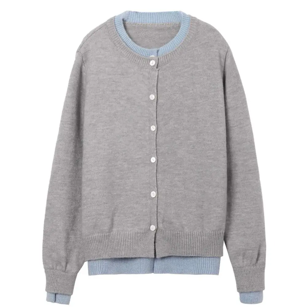 Coreano chique emenda cor contrastante falso de duas peças cinza malha cardigan jaqueta feminina outono camisola topo