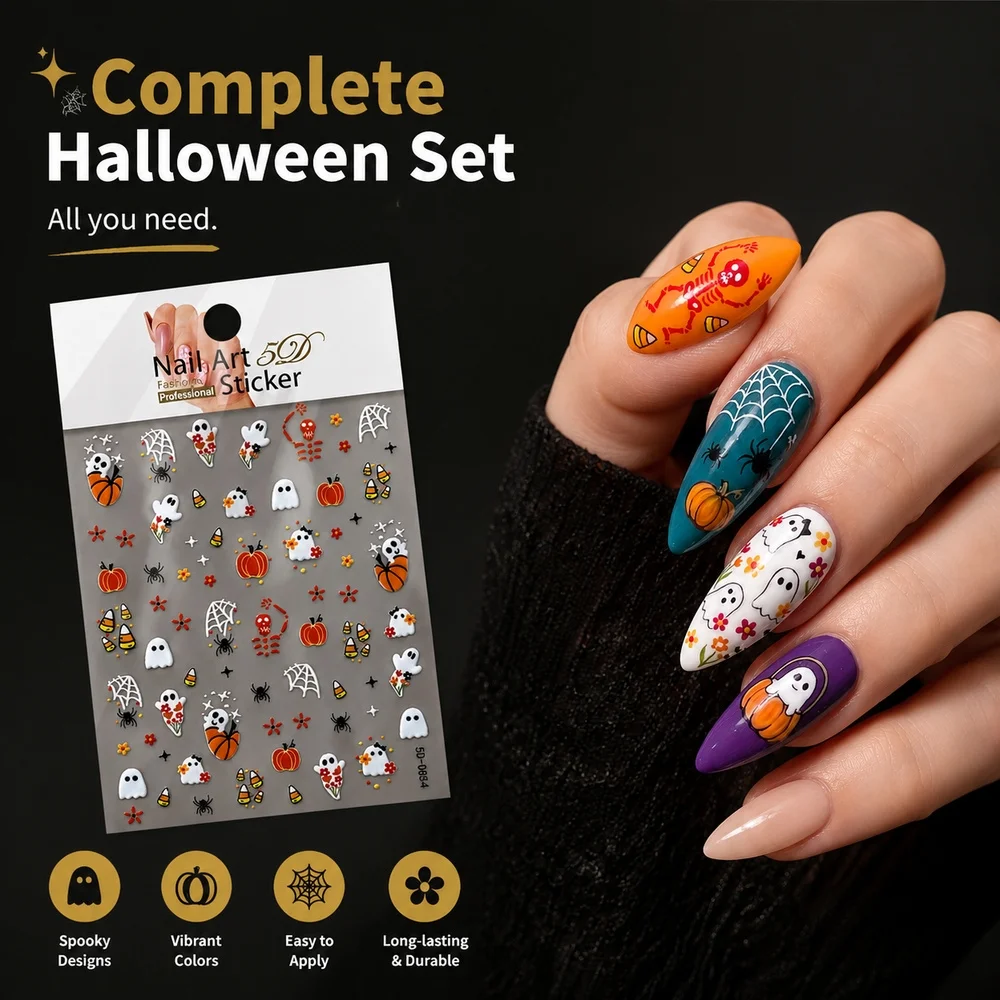 1Pc Professional Salon 3D Halloween Nail Stickers Embossed Skeleton Candy Corn Floral Ghost Long Lasting Waterproof Supplies