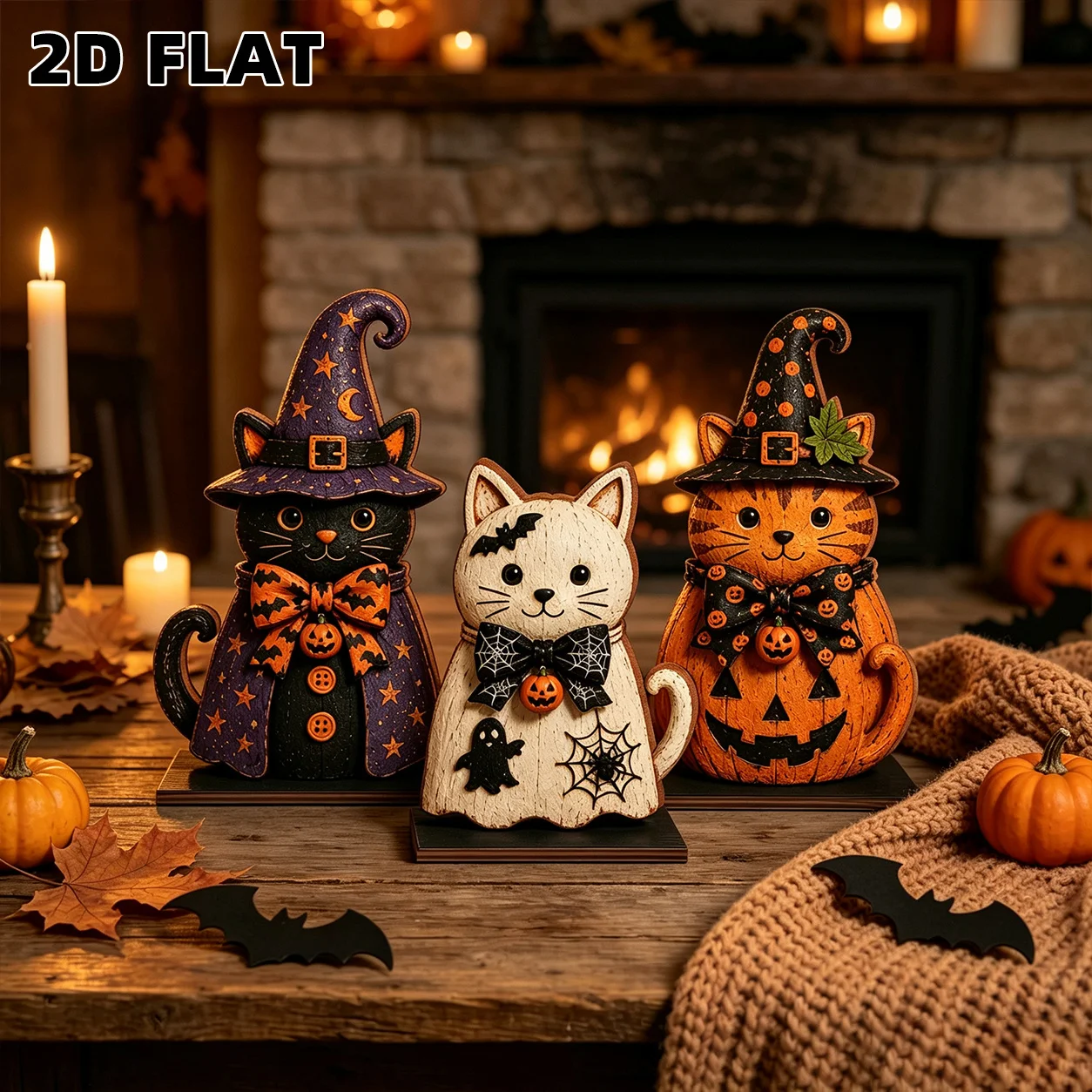 3PCS 2D Flat Wooden Cat Pumpkin Halloween Sign, Vintage Party Wall Decor, Christmas Holiday Gift, Home Office Tabletop Ornament