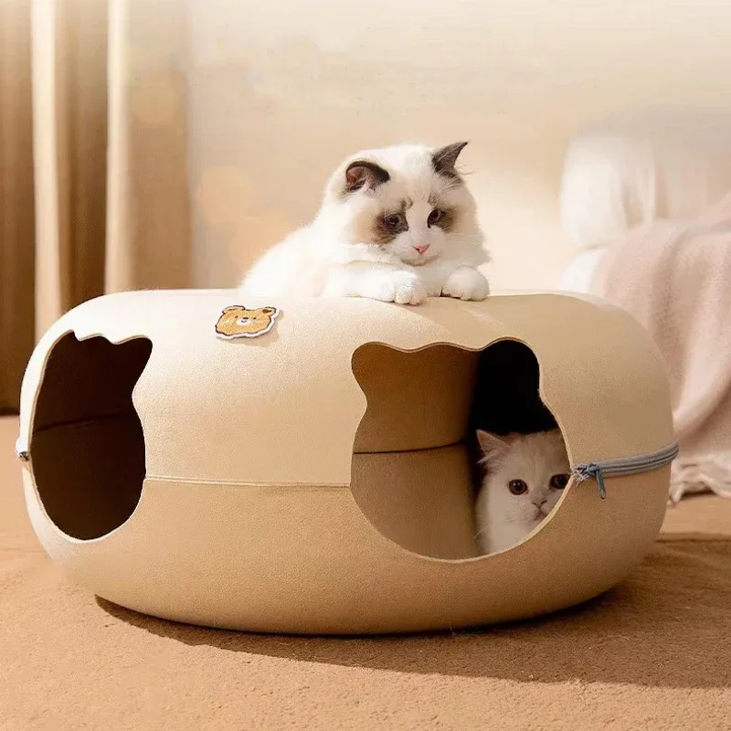 Cute Cartoon Shaped Interactive Toy for Cats House Felt Tunnel Cave Beds Removable Donut with Zipper Nest Basket Kitten Supplies