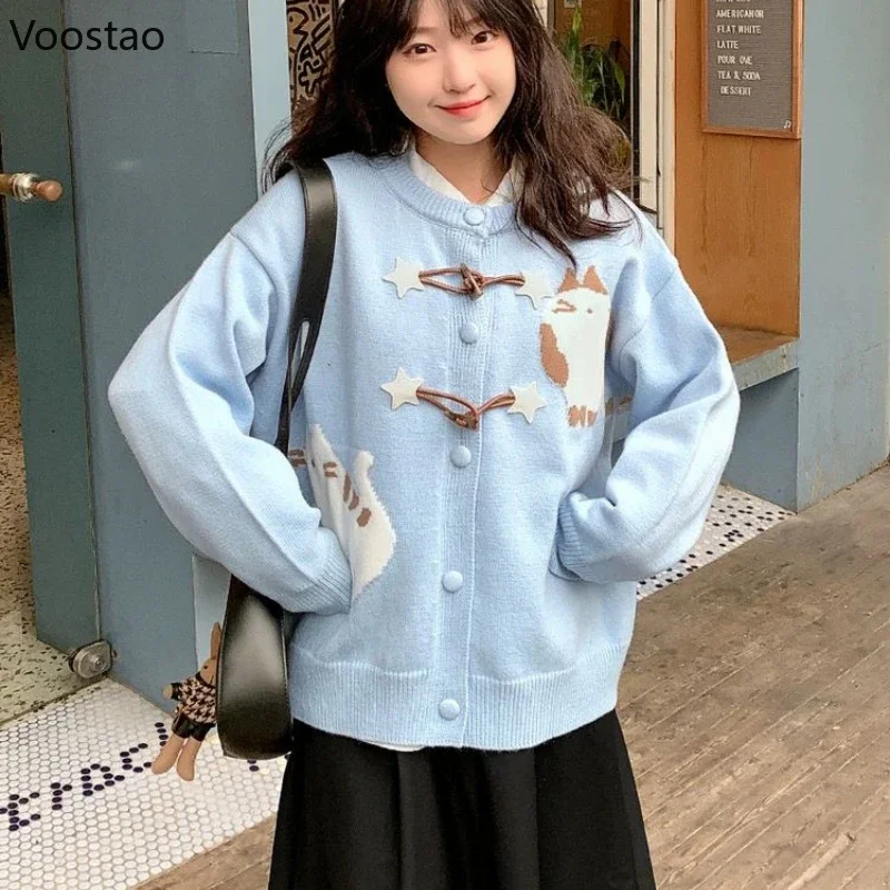 Blue Casual Cartoon Cat Jacquard Sweater Spring Autumn Women Sweet Knitted Cardigan Coat Japanese Vintage Loose Knitwear Tops