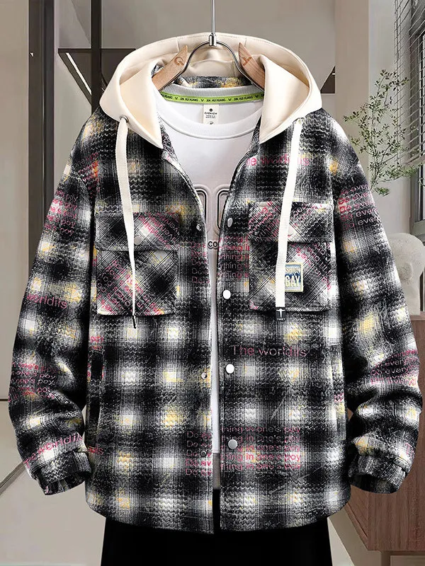 

Trendy Youth Spring Autumn Plaid Hooded Jaet Casual Haome Cotton Polyester Blend Men's Coat Stand Fit Long Sve
