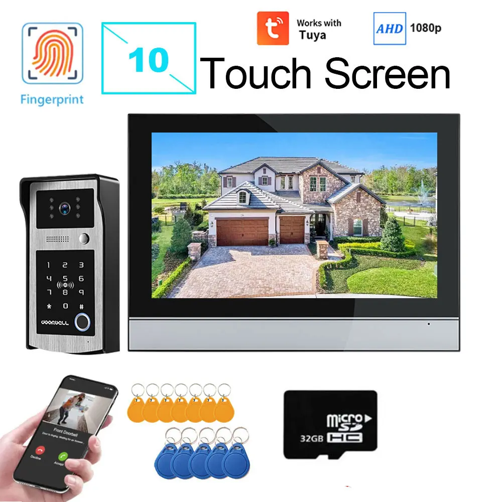 

10 inch WiFi Touch Screen Fingerprint 5in1 Unlock Doorbell Video Intercom System Tuya Smart APP Remote Unlock For Home Doorphone