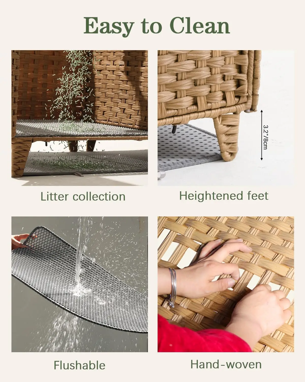 حاوية صندوق نفايات القطط لقططين، أثاث صندوق نفايات مزدوج مع حصيرة فضلات، بيت قطط كبير مخفي من الروطان مع مزدوج