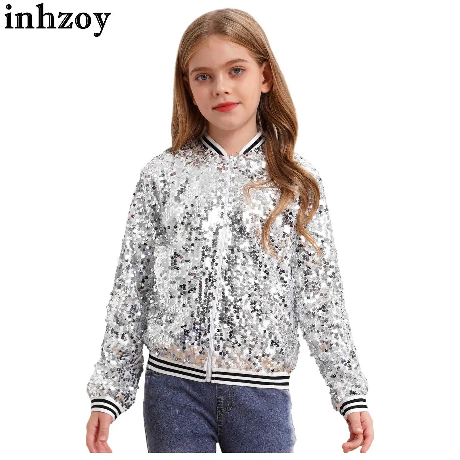 Kids Girl Shiny Sequin Zipper Fashion Baseball Jacket Bomber Coat Hip Hop Jazz Street Dance Performance Costume for School Party