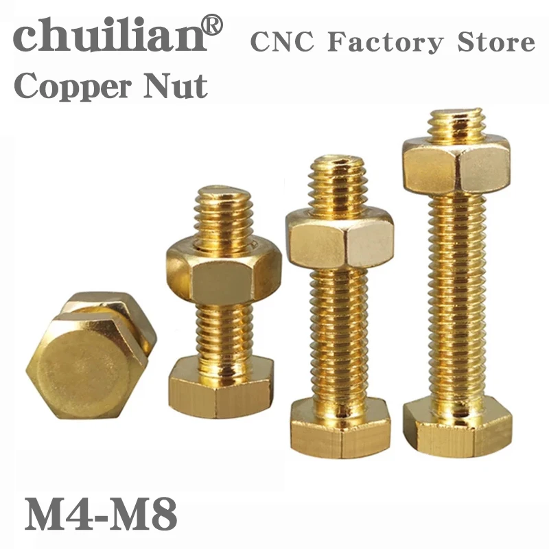 

External Hex Hexagon Brass Bolt M4 M5 M6 M8 Screw And Nut Set Large Full Extension Machine Copper Screw Hardware Fasteners