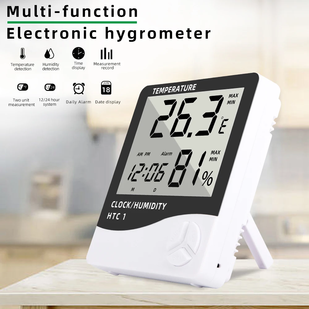 HTC-1 HTC-2 cyfrowy miernik temperatury i wilgotności elektroniczny LCD kryty higrometr termometr zewnętrzny stacja pogodowa z zegarem