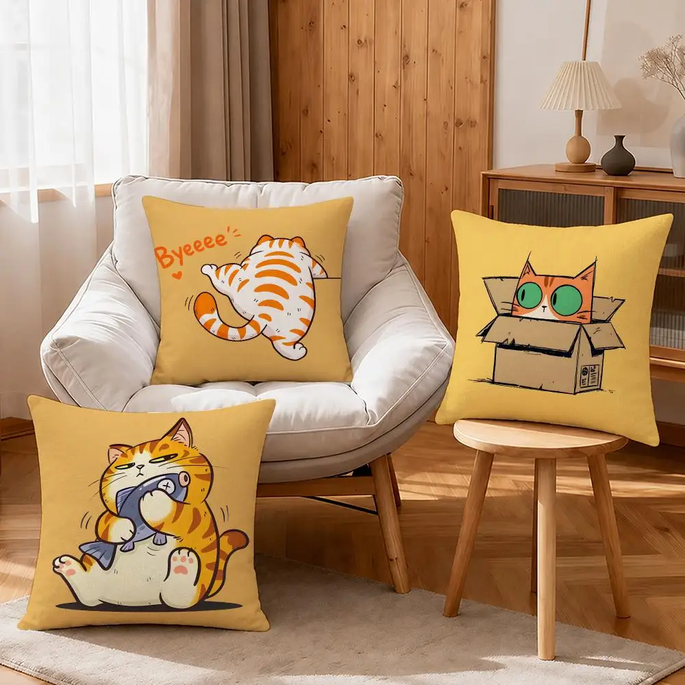 Art Orange Cat Cushion Cover Linen Anti-Mite Antibacterial Cushion Cover Invisible Zipper Sofa Decor