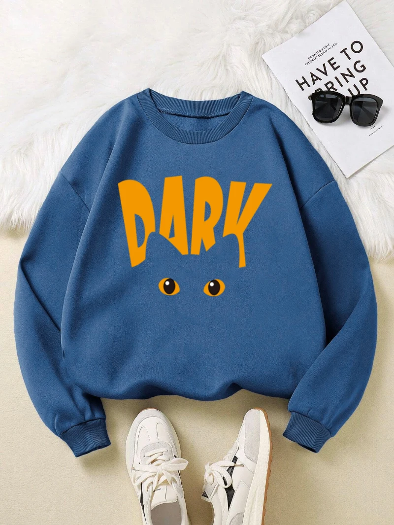 Eyes In The Dark Sweatshirts Women Letter Prints Hoodies Fleece Warm Crewneck Loose Pullover Autumn Comfortable Female Clothes