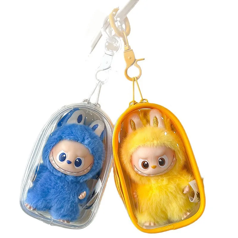 ل Labubu V4 حافظة حماية ملونة شفافة إكسسوارات دمي صندوق منظم حقيبة عرض دمية قطيفة في الهواء الطلق مع سلسلة مفاتيح