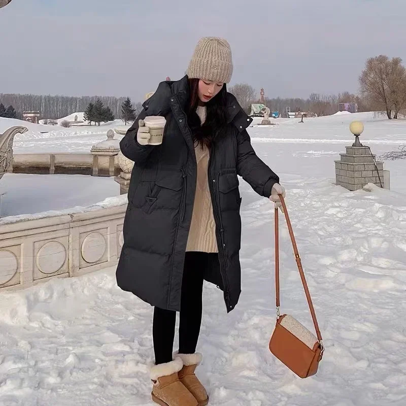 Parkas largas de pato blanco para mujer, chaqueta con capucha, ligera, de lujo, cintura, abrigos cálidos, moda coreana, invierno, 2024