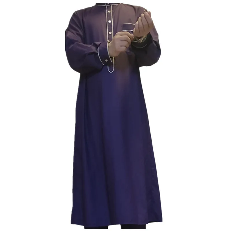 Pakistani Adult Muslim Costume Long Loose Purple Black Solid Color Comfortable Tourist Men Islamic Arabic Kaftan Suit