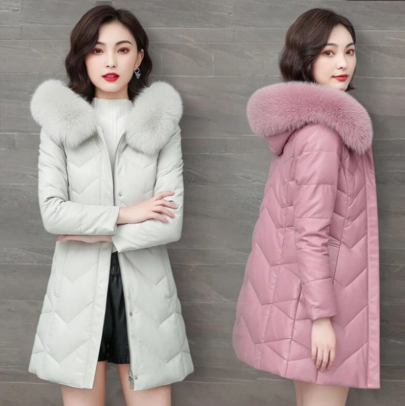 Winter Women Warm Sheepskin White Duck Down Jacket Hood Puffer Coat Fox Fur Collar Thick Luxury Outerwear real Leather Coats