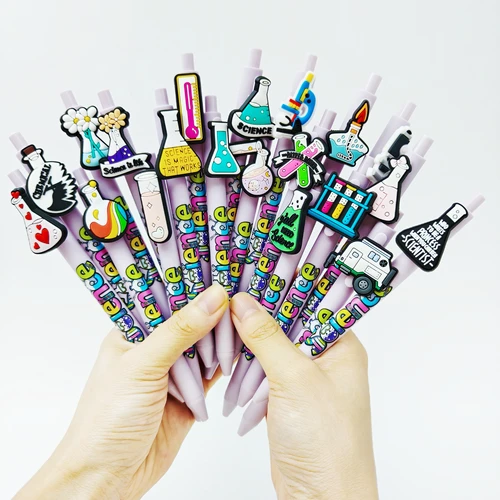 Bolígrafo con parche temático de laboratorio de ciencia, bolígrafo de gel con impresión de color púrpura taro, papelería de oficina, regalo, 6 uds./13 Uds.