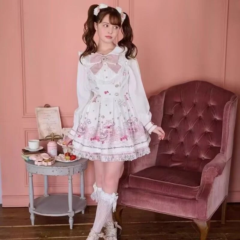 Japanese Kawaii Rhinestone Bow Dress Set Women Sweet Lolita Style Lace Pearl Cute Print Shirt Dresses Gothic Y2k Tea Party Dress