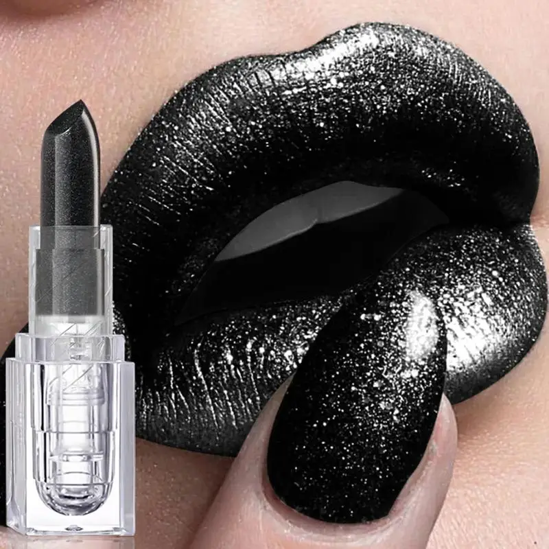 Batom preto com glitter, à prova d'água, longa duração, diamante, perolado, metálico, brilho labial preto para tema gótico, dia das bruxas