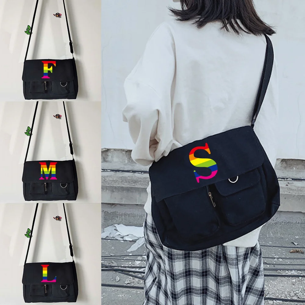 

Messenger Crossbody Bag Lady Shopping Large Capacity Travel Canvas Unisex Casual Shoulder Bags rainbow Initial Name Series Print