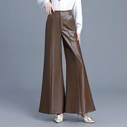 High Waist Big Swing Wide Leg PU Leather Pants, Women's Autumn and Winter New Fashion Slim Patchwork Slightly Flared Long Pants