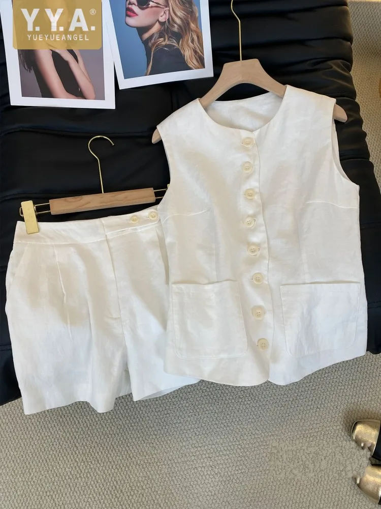 Women Summer Linen Thin Sets Casual Sleeveless Single Breasted O-Neck Vest Outfits Daily Above Knee Length Shorts Two-Piece Set