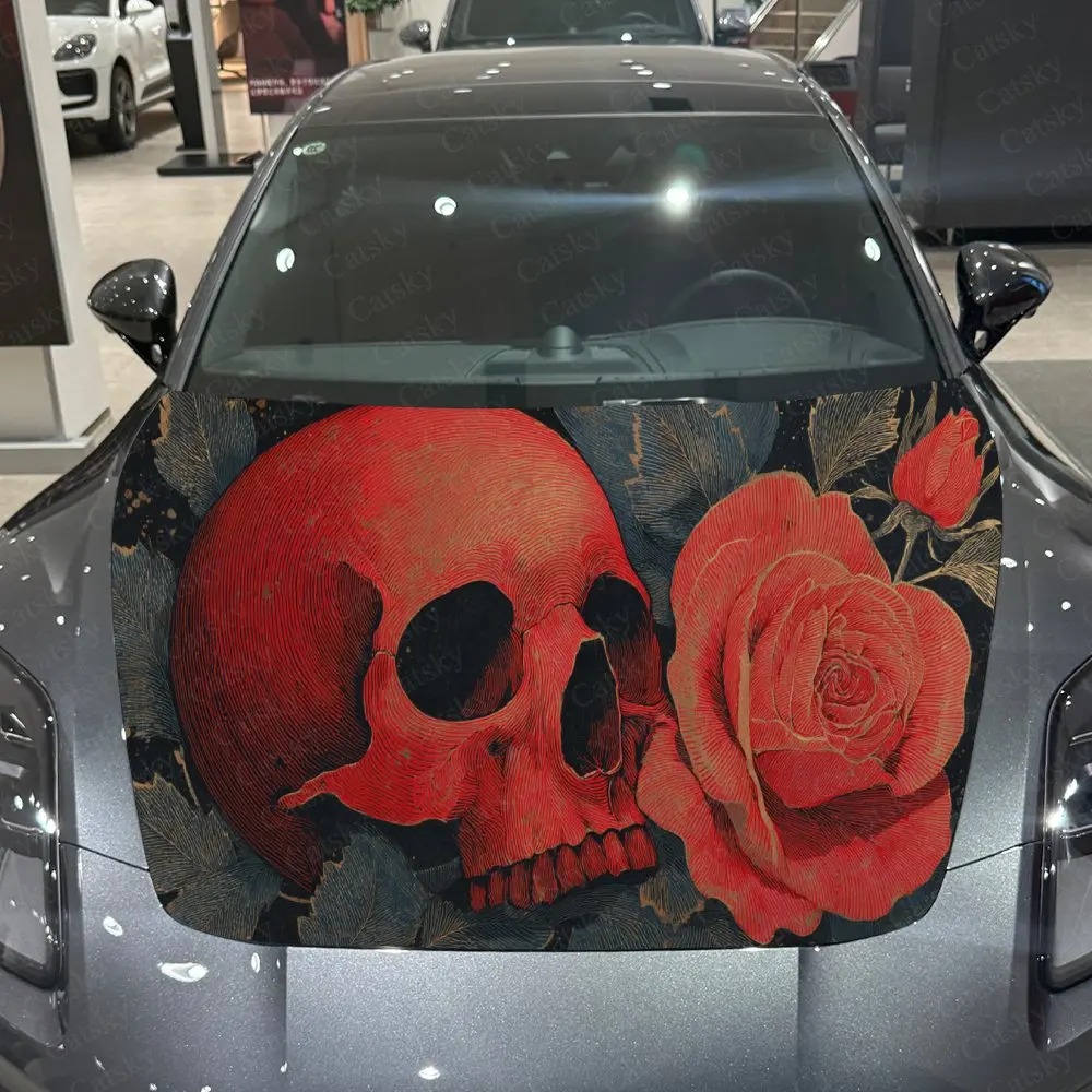 

Red Skull-Rose Pattern Car Hood Sticker,Waterproof Self-Adhesive Vinyl Graphics Decals,Decorative Auto Accessories Stickers