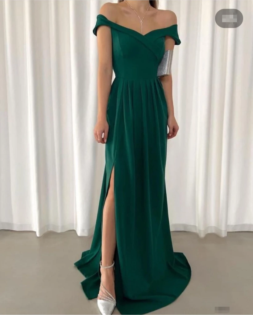 

A Line Satin Off Shoulder Formal Evening Dress with Slit Green Prom Dresses Party Wear Dress vestidos de noche فساتين السهرة