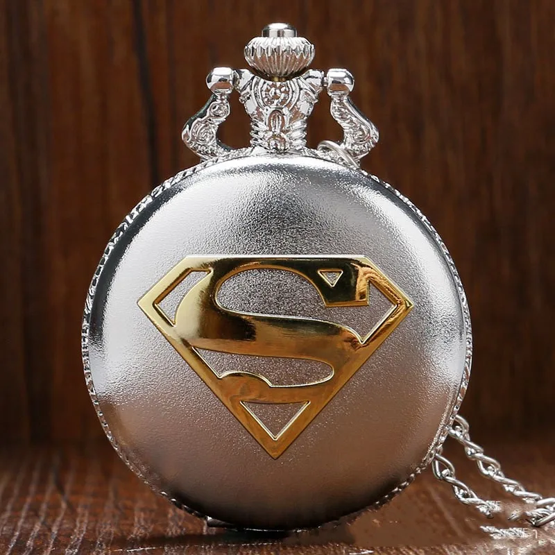 Reloj de bolsillo de Superman a la moda, relojes colgantes de esfera negra y azul, cadena de collar de alta calidad, reloj de bolsillo Fob para súper regalos