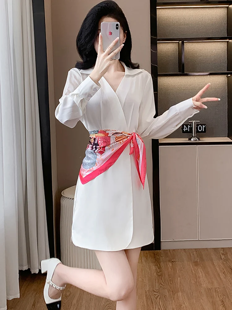 Frühling Herbst Weiß Langarm Chic Hemd Kleid Frauen Elegante Bandage Kurzes Kleid 2025, Koreanische Mode Bodycon Chic Party Kleid