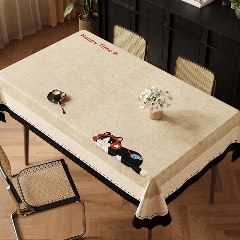 High-End Cat Printed Waterproof Tablecloth Cozy Pvc Oil-Proof Household Dining Table Covers Wash-Free Easy-Care Aesthetic Decor