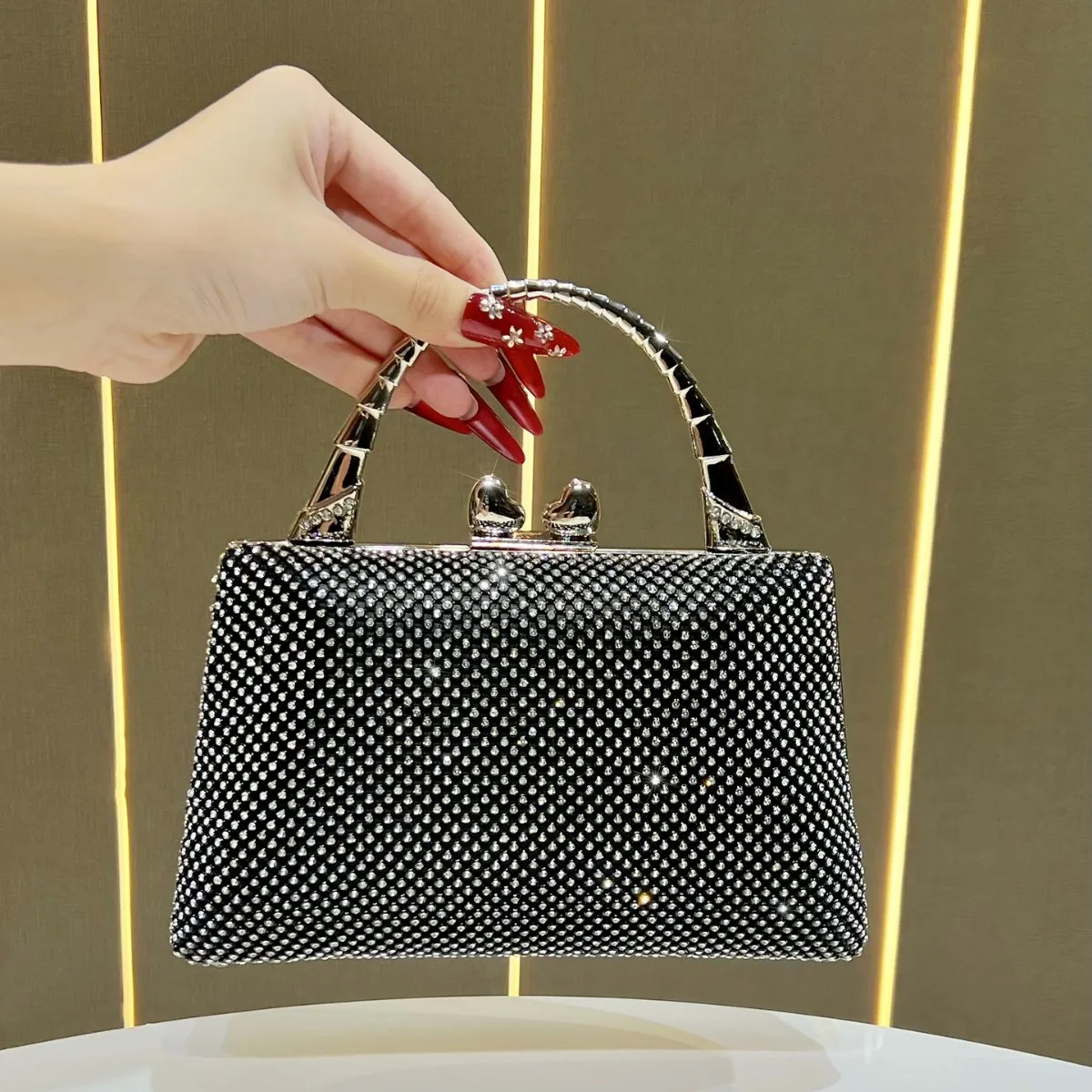 Shiny Bride Diamonds Clutches Women's Mesh Knucklebox Silver Evening Purse Shoulder Chain Wedding Party Fashion Banquet Handbags