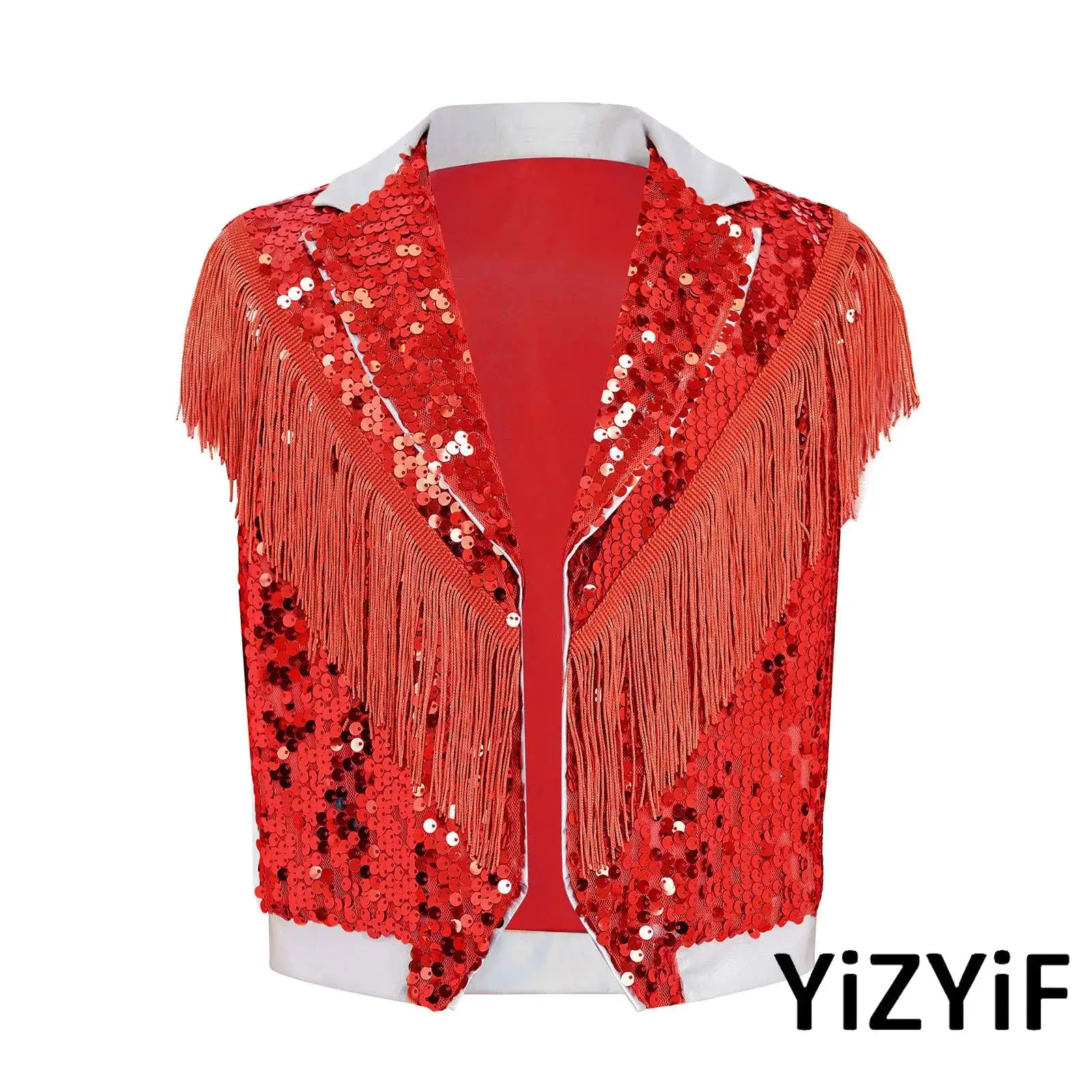 

Kids Boys Jazz Street Dance Vest Top Costume Tassel Sparkling Sequin Vest Contrast Color Lapel Collar Sleeveless Tops Streetwear