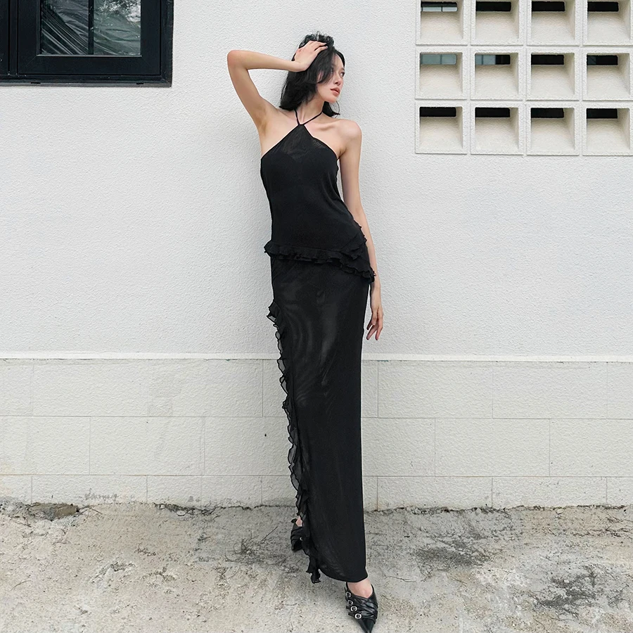 SylCue Rüschen Dekoration Langes Kleid Frau Durchsichtig Neckholder Off Schulter Backless Splits Prom Party Elegante Dünne Vestidos