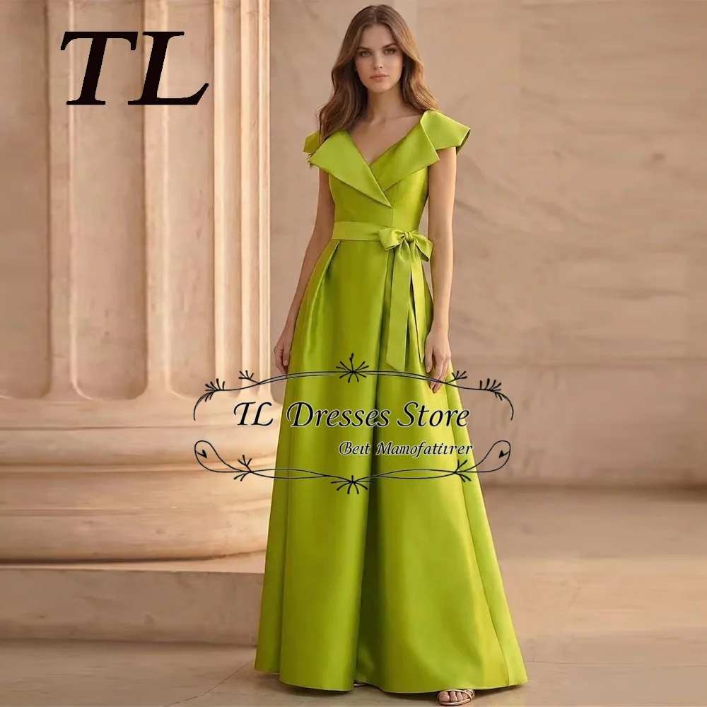 

TL Customized Sage Green A-Line Evening Dress Short Sleeve Floor Length V Neck Satin Dress Sash Bow Wedding Guest Dress