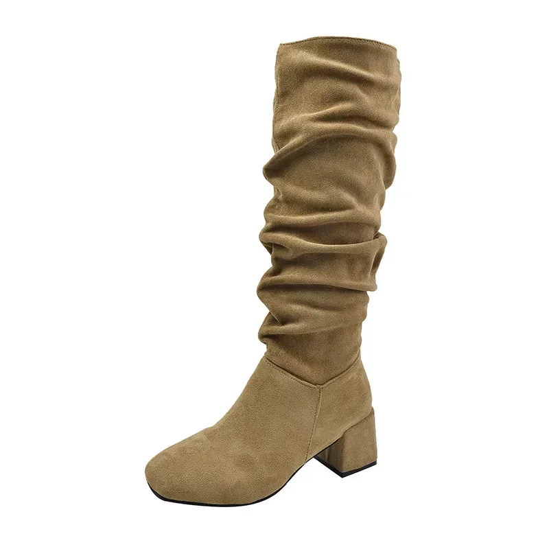 Pleated High Heels Long Knight Boots for Women Autumn Pointed Toe Knee High Boots Woman Slip on Thin Heeled Western Botas Mujer