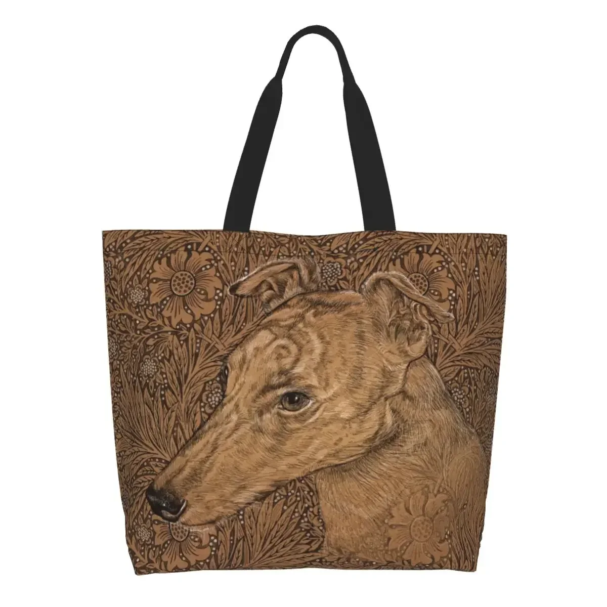 

On William Morris Marigolds Groceries Shopping Bags Printed Canvas Shopper Shoulder Tote Bag Large Capacity Whippet Dog Handbag