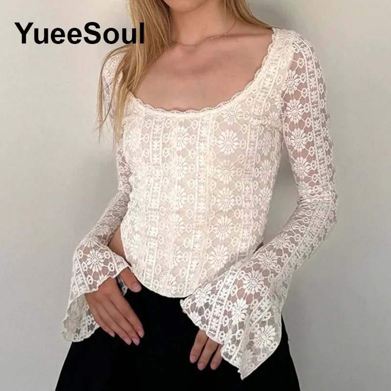 Lace Transparent Women T Shirt Floral Print Long Sleeve Slim Y2k Tops 2024 New Spring 2000s Egirl Sweet Cute Tees Woman Clothing