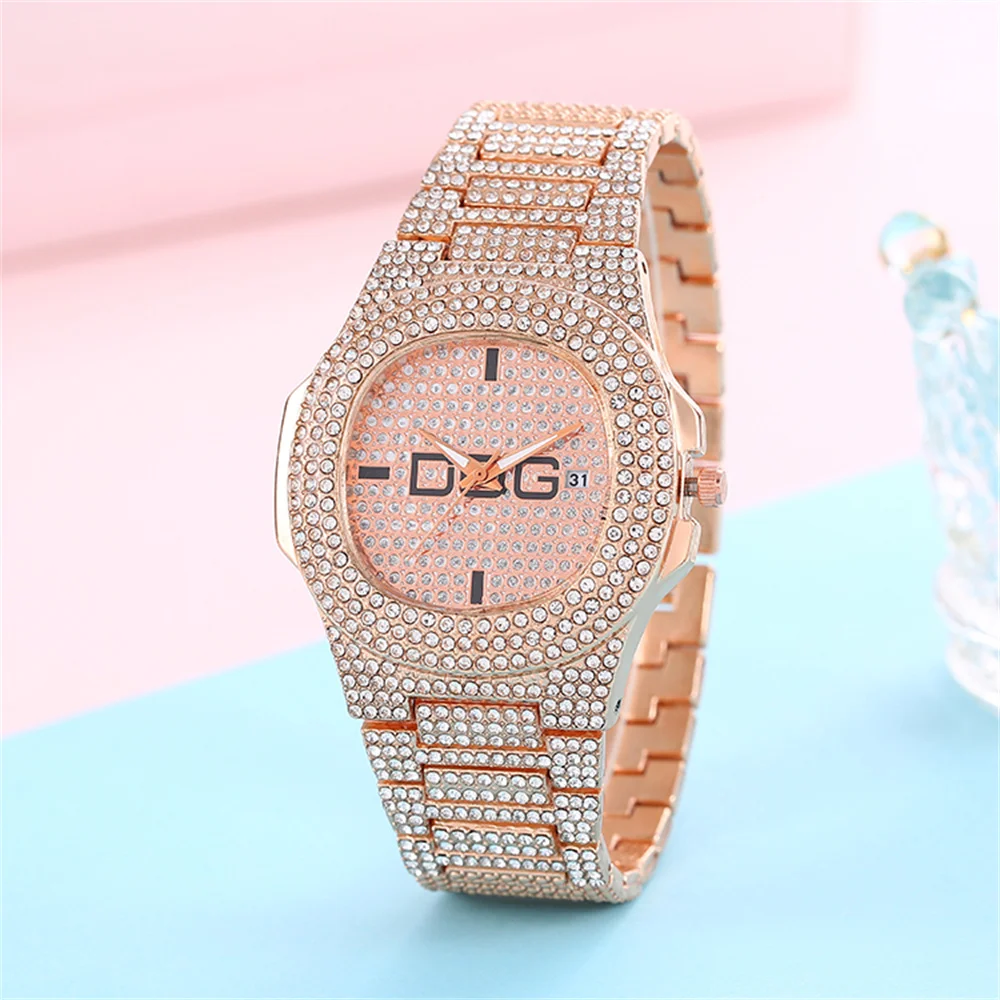 Man\'s Watch Luxury Full Star Diamonds Calendar Quartz Watches Fashion Rose Gold Stainless Steel Male Hip Hop Large Dial Clock